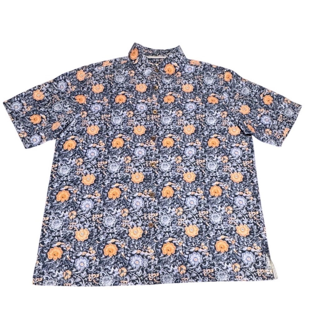 Island Republic Silk Shirt Mens L Floral Hawaiian Artsy Blue Orange Short Sleeve